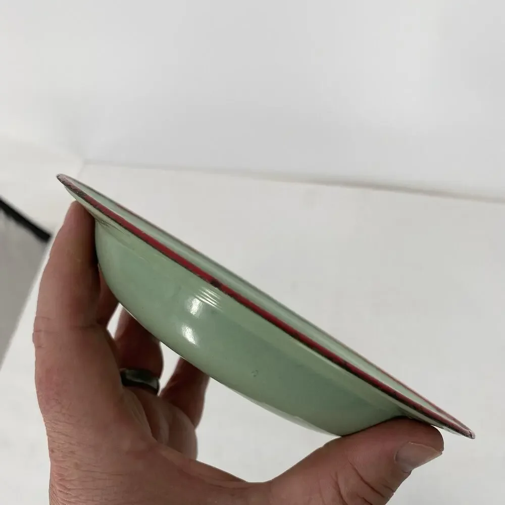 Antique Enamel Child’s Plate Germany Puppy Dog Feeding Bowl Green Red Rim